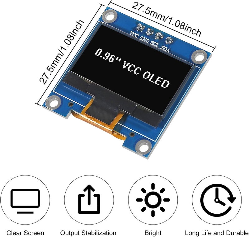 XIITIA 6pcs 0.96 inch OLED IIC I2C Display Module SSD1306 128x64 LCD Screen Driver with 30pin Dupont Cables for Arduino Projects(White/VCC Screen) - Image 4